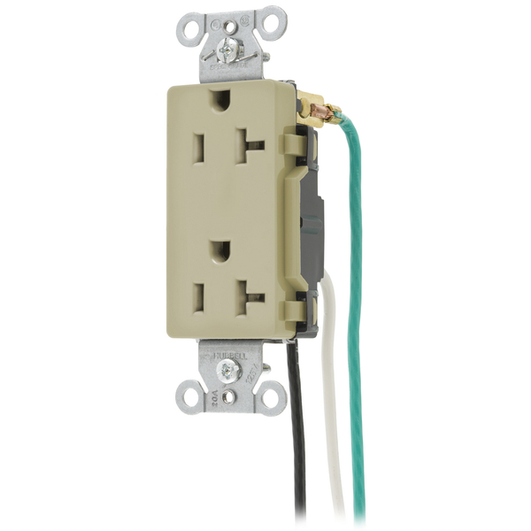 Hubbell Wiring Device-Kellems Straight Blade Devices, Receptacles, Duplex, Decorator/Commercial/Industrial Grade, 20A 125V, 5-20R, Pre-Wired 8" Solid Leads. DR20IP1
